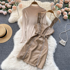 Chic Leather Skirt Knitted Set-