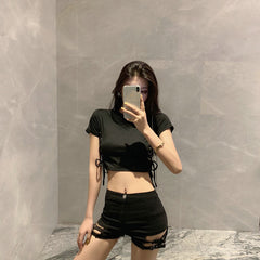 High-Waist Double Buckle Stretch Tight Shorts For Girl's JC