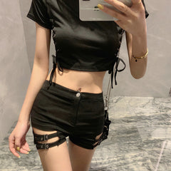 High-Waist Double Buckle Stretch Tight Shorts For Girl's JC