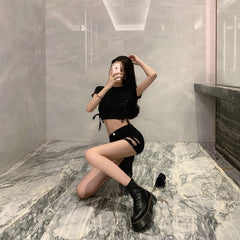 High-Waist Double Buckle Stretch Tight Shorts For Girl's JC