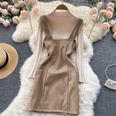 Chic Leather Skirt Knitted Set-