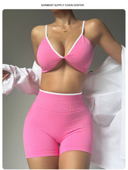 Seamless Elastic Contrast Bra And Shorts Set.