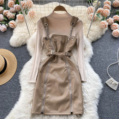 Chic Leather Skirt Knitted Set-