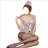 Woman wearing a gray maid costume with a white hat on a white background