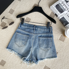 Beaded High-Waist Tassel Denim Shorts