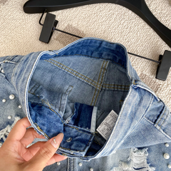 Beaded High-Waist Tassel Denim Shorts