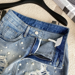 Beaded High-Waist Tassel Denim Shorts