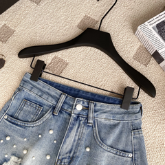 Beaded High-Waist Tassel Denim Shorts