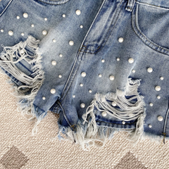 Beaded High-Waist Tassel Denim Shorts