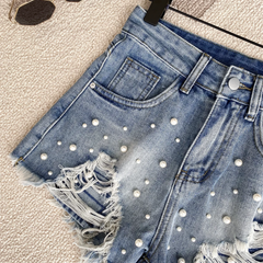 Beaded High-Waist Tassel Denim Shorts