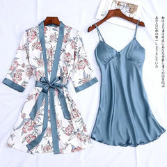 Floral Satin Nightgown Robe Set