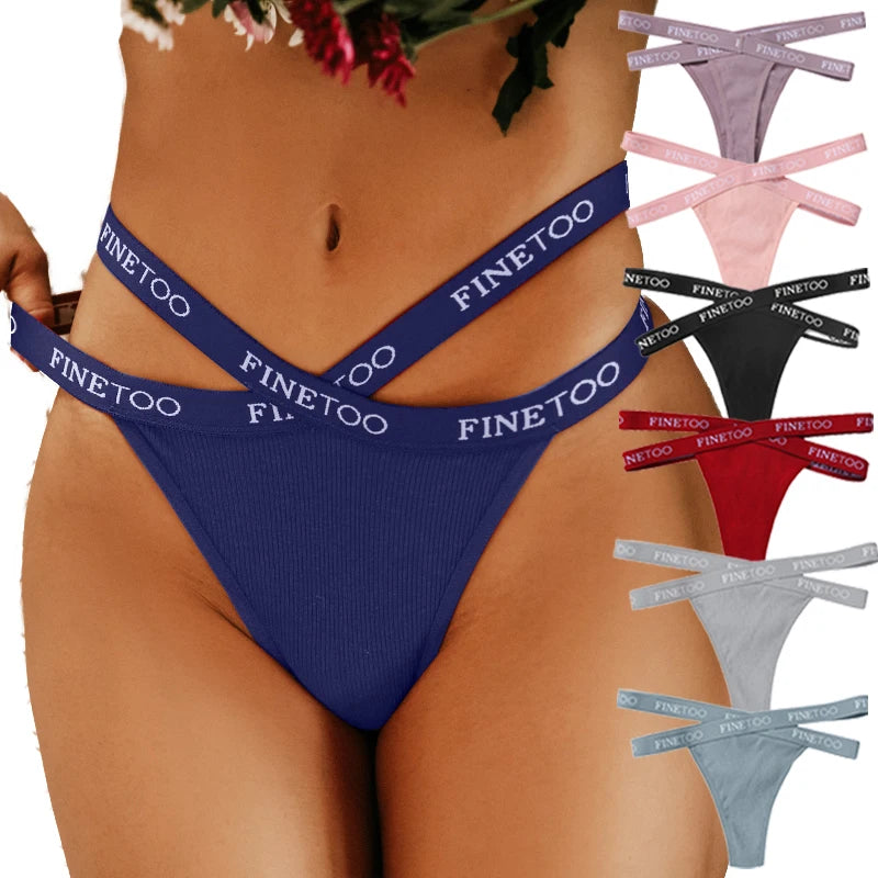 Navy blue bikini with 'FINEtoo' branding, surrounded by additional bikini pieces in various colors.
