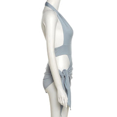 Gray dress on a mannequin with 'kliou' branding on a white background