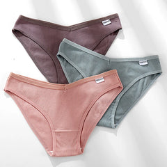 Three pairs of ribbed underwear in brown, green, and pink on a white background.