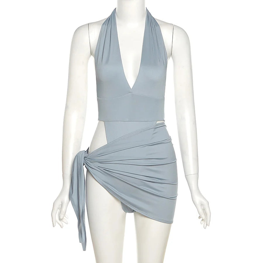 Light blue halter neck dress on a mannequin with 'kliou' branding.
