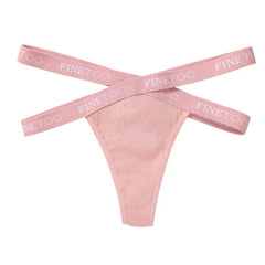 Pink thong with 'FINE TOO' waistband on a white background