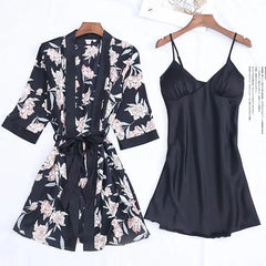 Floral Satin Nightgown Robe Set