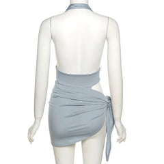 Mannequin wearing a light blue dress with a white background, branded 'kliou'.