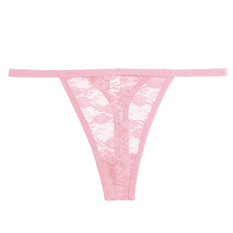 Pink lace thong on a white background