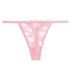 Pink lace thong on a white background