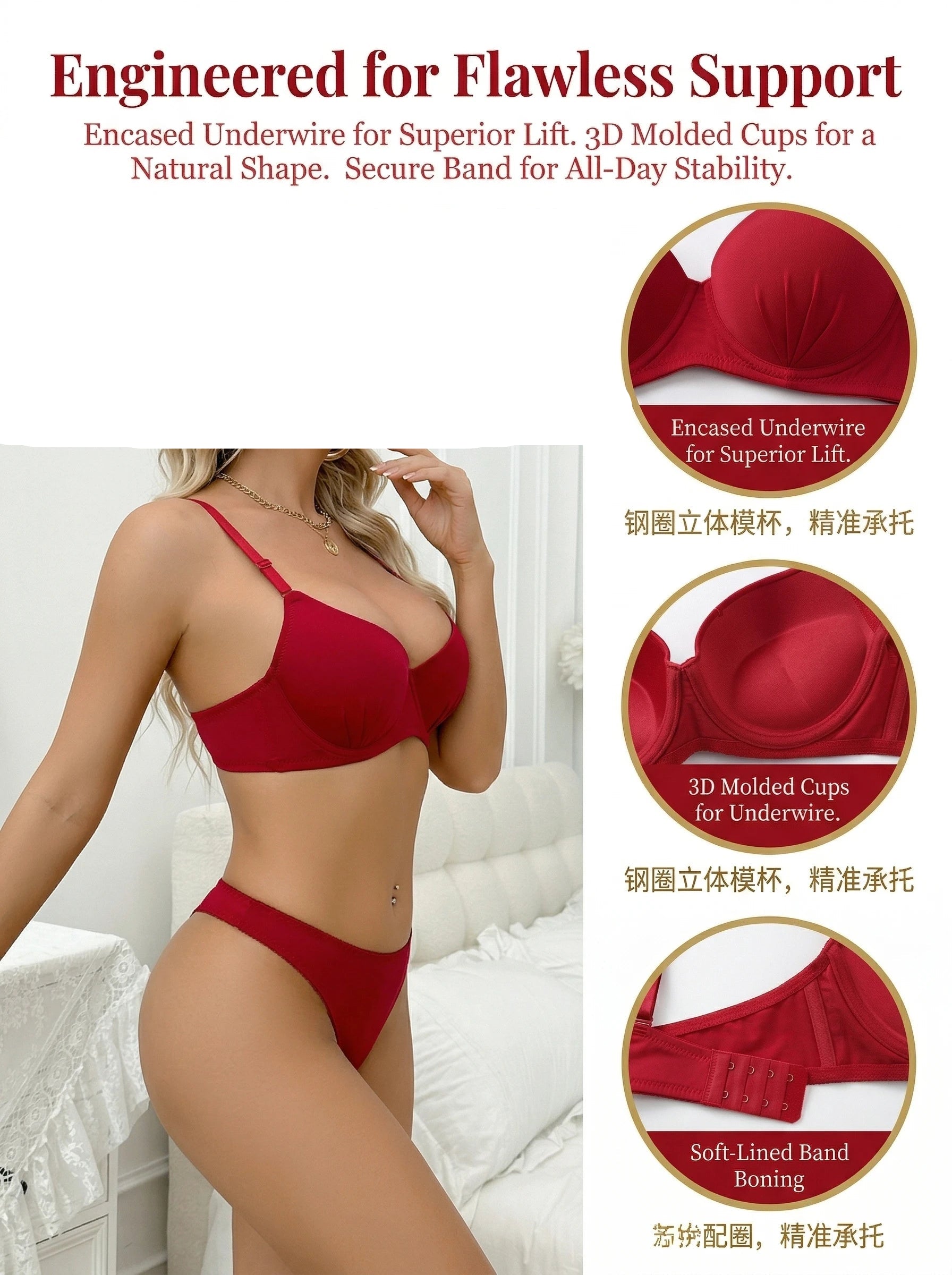 A woman modeling a red underwire bra and matching underwear in a bedroom setting, with marketing text and three circular close-up insets showing product details about the encased underwire, 3D molded cups, and soft-lined band.