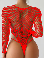Women Fishnet High Cut Long Sleeve Bodysuit