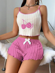Women Cherry Embroidered Ribbed Cami Pajama Set
