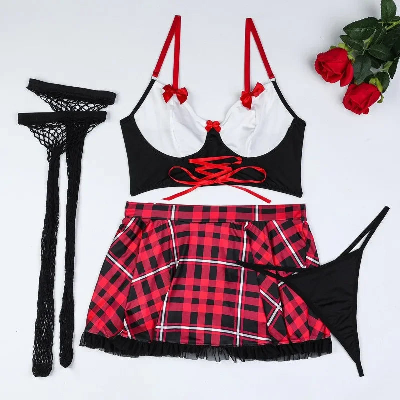 Black and red lingerie set with plaid skirt, black stockings, and roses on a white background
