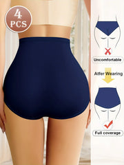 Navy blue high-waisted underwear with full coverage feature illustration on a white background