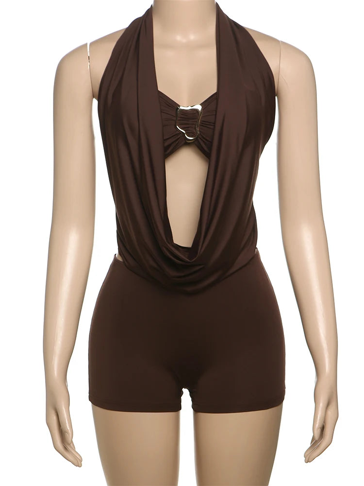 Brown halter neck swimsuit on a mannequin against a white background