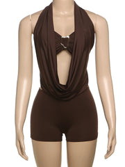 Brown halter neck swimsuit on a mannequin against a white background
