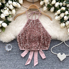 Shiny Sequined Halter Neck Top for Women