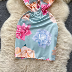 Floral Halter Backless Lace-Up Bodycon Dress