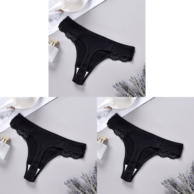 Three black ribbed lace-trim thongs displayed in a collage