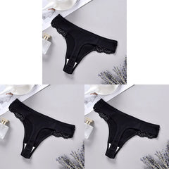 Three black ribbed lace-trim thongs displayed in a collage