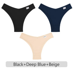 Three pairs of underwear in black, deep blue, and beige on a white background.
