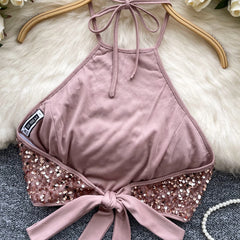 Shiny Sequined Halter Neck Top for Women