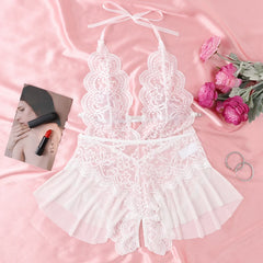 Women's Sexy See-Through Lace Flower Print Bodysuit Teddy Doll Dress Backless One-piece Deep V Open Bra Crotchless Lingerie Set