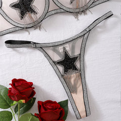 Silver Tassel Mesh Lingerie Set – Star Embellished Bra & Panty