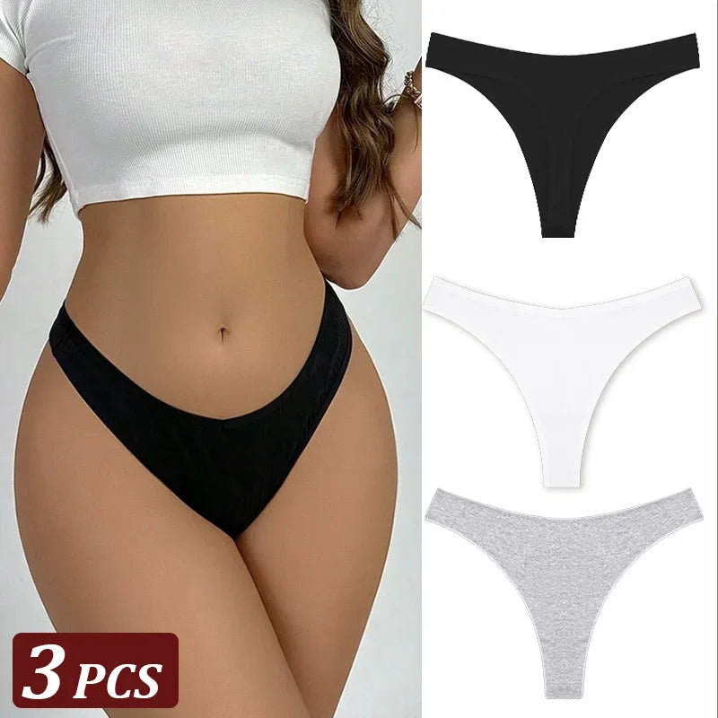 Black, white, and pink thong underwear set with a model wearing black thongs.