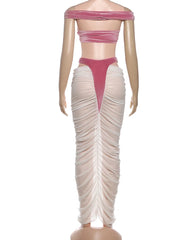 Mannequin wearing a pink off-shoulder top and beige ruched skirt on a white background