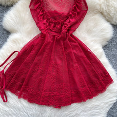 Sexy Lace Nightwear Dress – Ruffle Straps & Bow Back Design