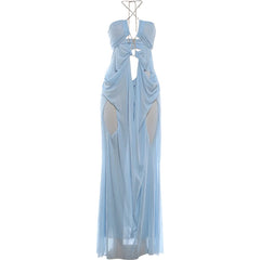 Light blue evening gown with cut-out design on a white background