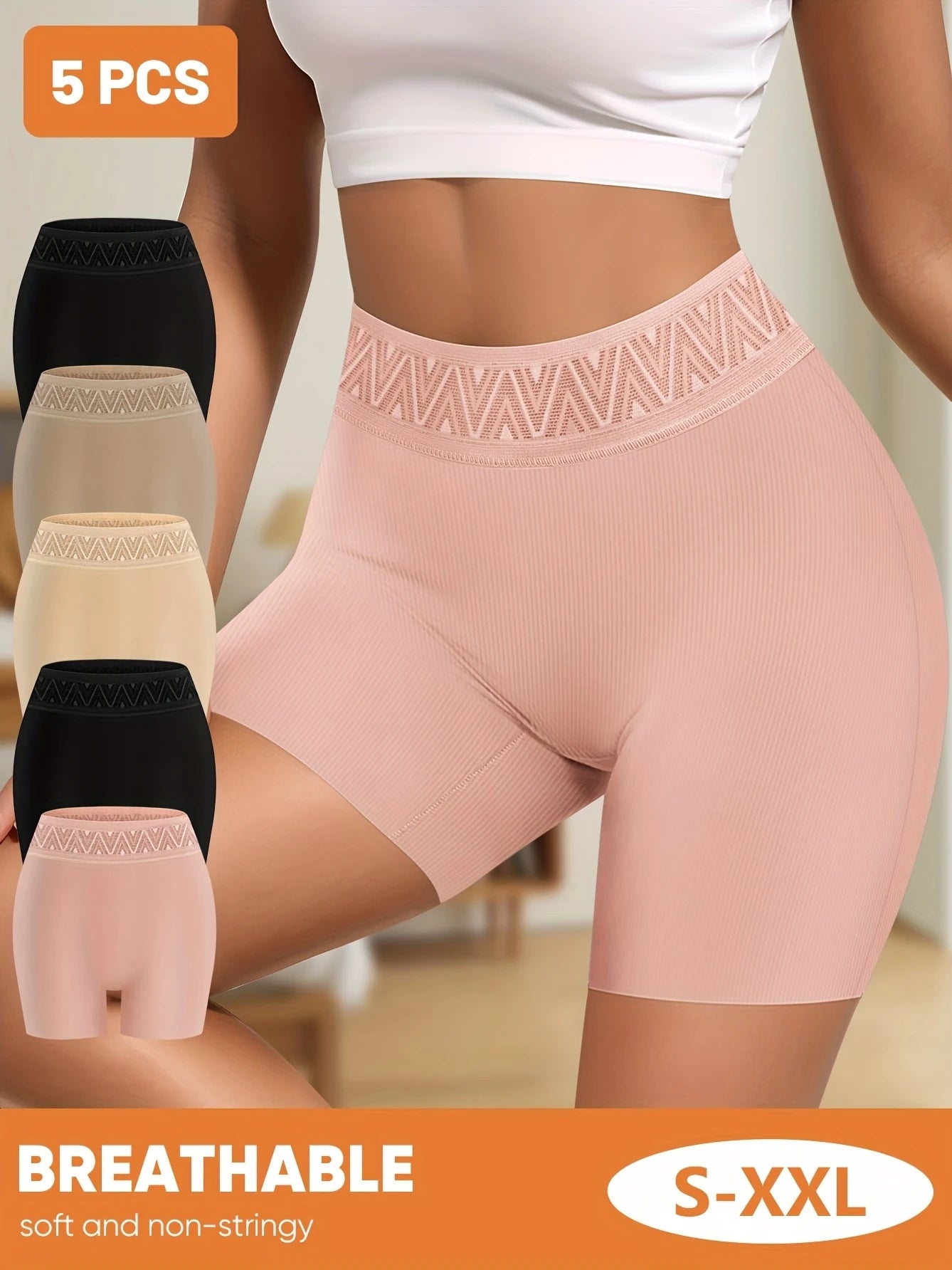 Woman wearing a pink shapewear with five color options displayed below.