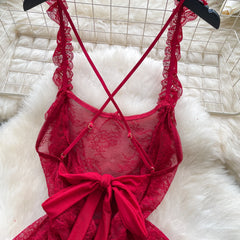 Sexy Lace Nightwear Dress – Ruffle Straps & Bow Back Design