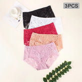 Five pairs of women's lace panties in black, white, red, peach, and light pink are arranged in a vertical stack on a light beige background. A gray '3PCS' label is in the top right corner, and a small decorative leaf sprig and cup-and saucer are used as flat-lay props.