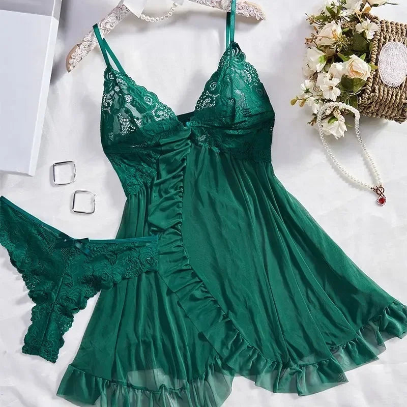 Green lace lingerie set on a white background with flowers and jewelry.