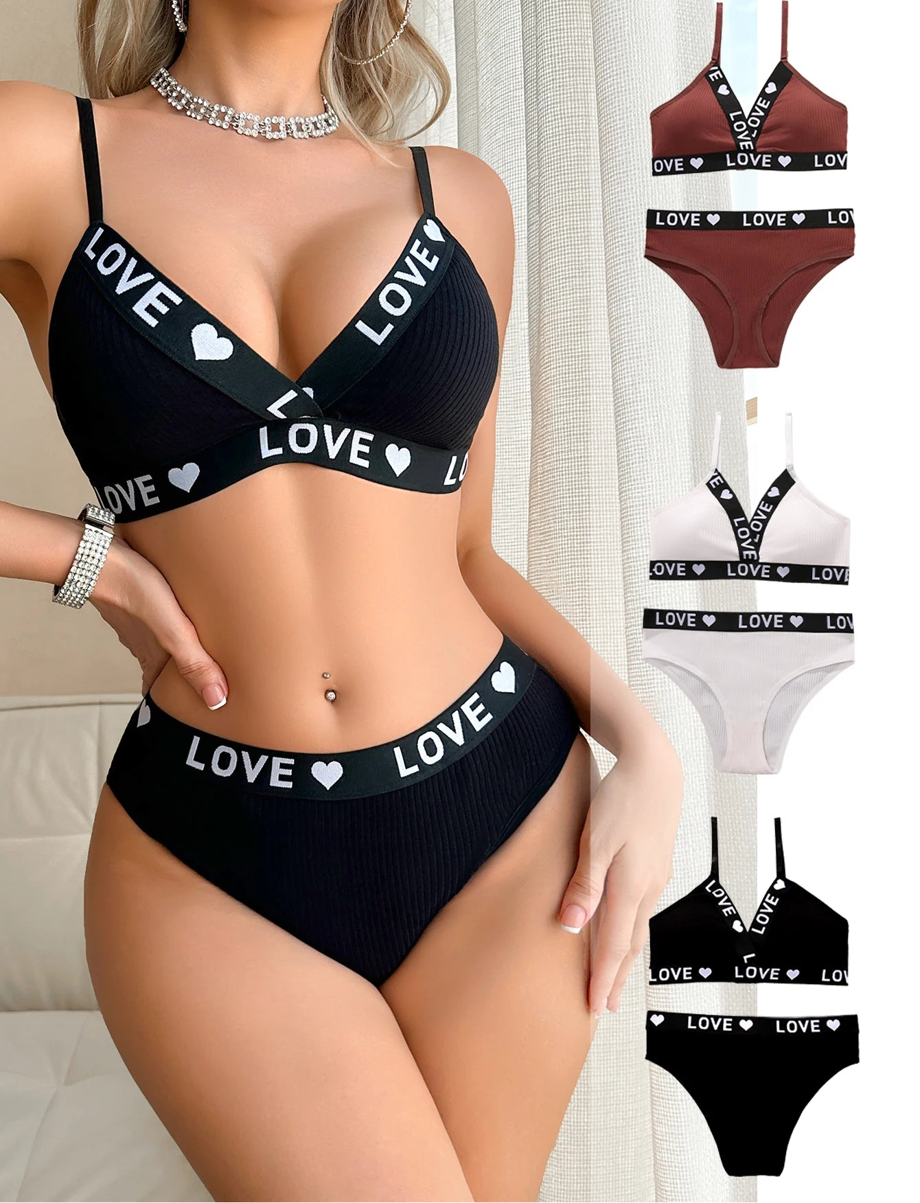 Black lingerie set with 'LOVE' and heart designs, displayed on a model and in separate images.