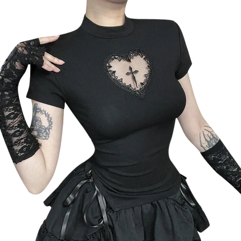 Black top with heart design and lace sleeves worn by a person on a white background