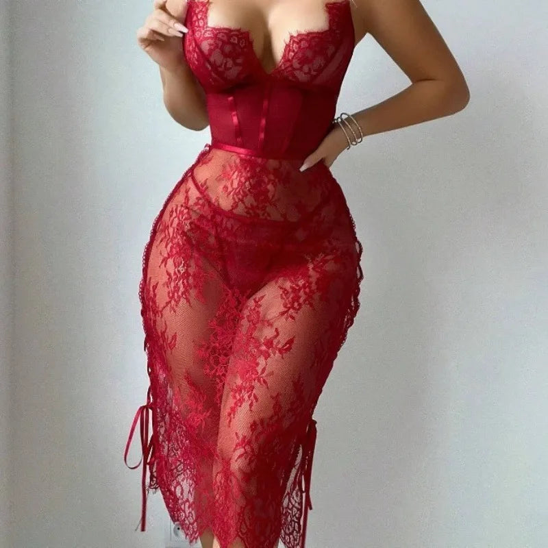 Red lace dress on a plain background